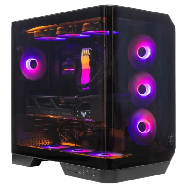 MSI gaming PC with panoramic glass, illuminated by vibrant multi-color RGB lighting on internal components.