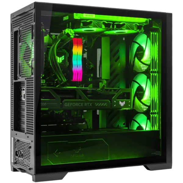 ASUS TUF Gaming GT302 ARGB mid-tower PC build with bright green RGB lighting, visible through the tempered glass side panel, highlighting internal components including a GeForce RTX card.