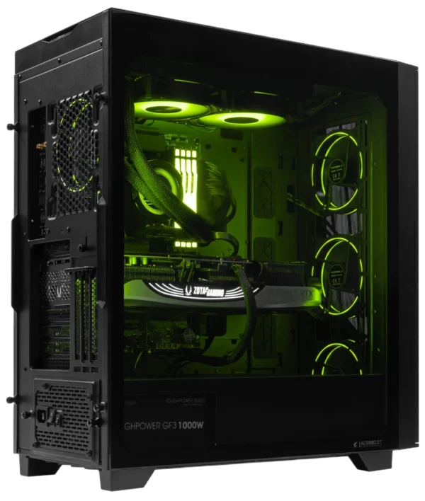 AORUS C500 gaming PC case with green RGB lighting and side view of high-performance components