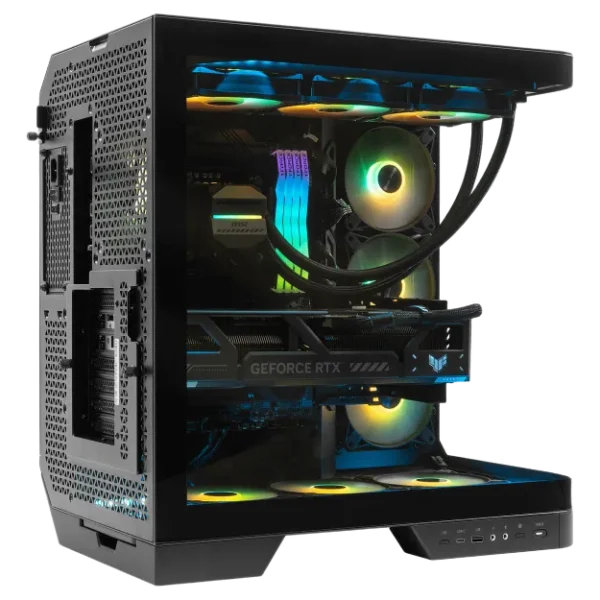 Open side view of an MSI MAG PANO gaming PC with RGB components.