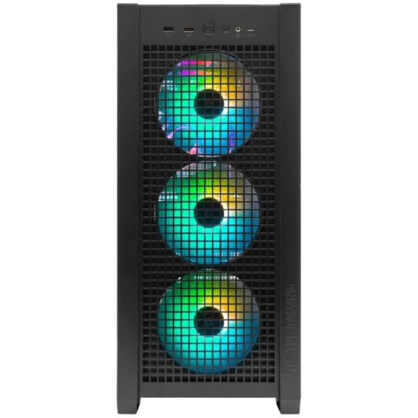 Front panel view of ASUS TUF Gaming GT302 ARGB case, detailing its square mesh design and three prominently displayed ARGB fans with rainbow lighting effects.