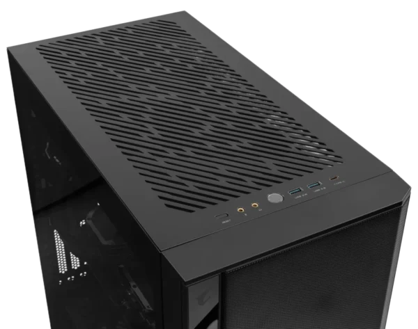 Top panel of AORUS C500 PC case featuring USB ports, power button, and ventilated mesh design