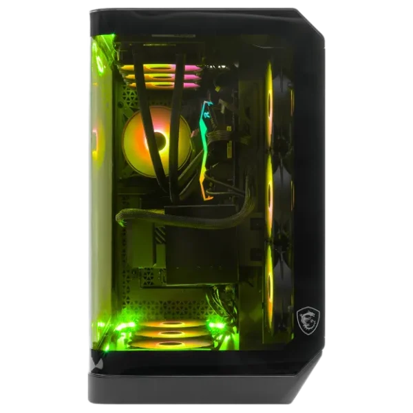 MSI gaming PC side profile with green and yellow RGB through tinted glass.
