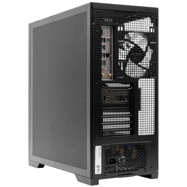 Rear three-quarter view of the black ASUS TUF Gaming GT302 ARGB mid-tower case, showing I/O cutout, expansion slots, and PSU bay.