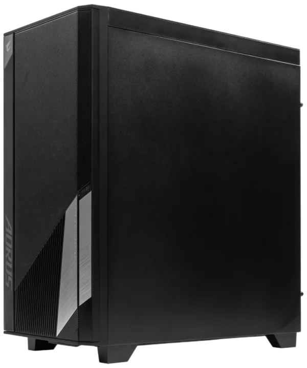 Closed side view of AORUS C500 PC case with solid steel panel and minimalist design