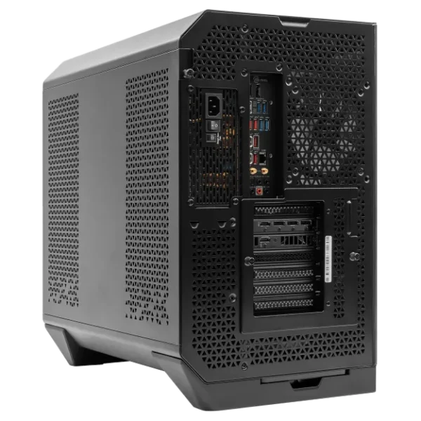 Rear panel of a black MSI gaming PC case showing port cutouts and mesh ventilation.