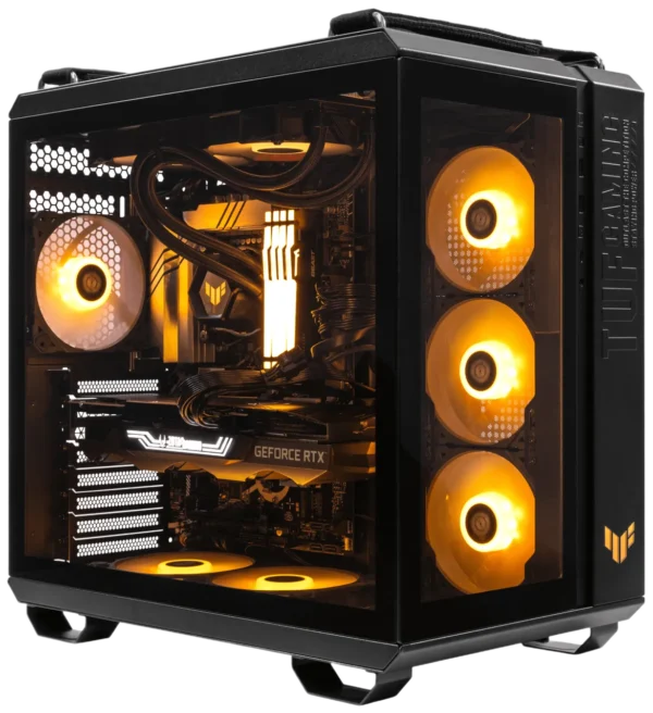 ASUS TUF Gaming GT502 PC build with amber RGB lighting and tempered glass panels