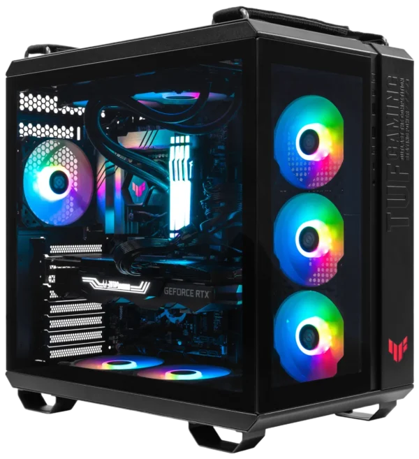 ASUS TUF GT502 gaming PC case with rainbow RGB fans and dual-chamber interior