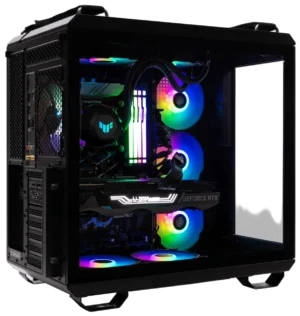 Open side view of ASUS TUF GT502 PC build with multi-zone RGB lighting and AIO cooling