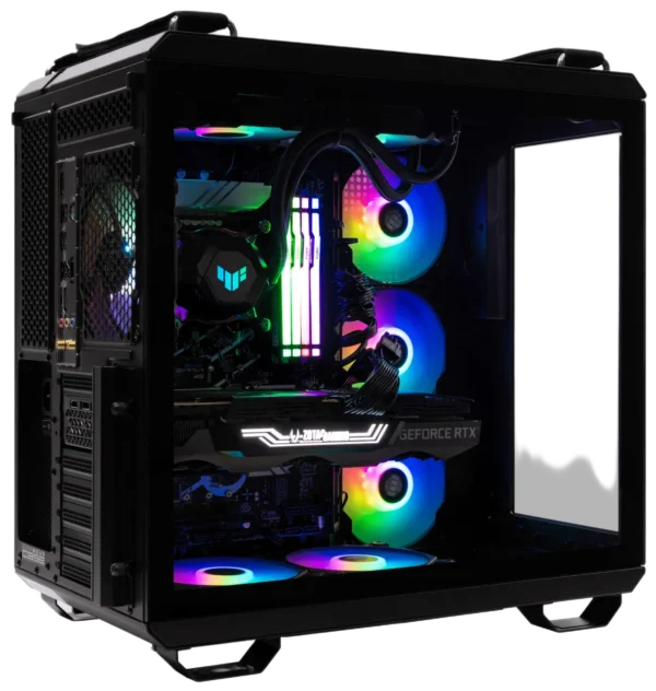 Open side view of ASUS TUF GT502 PC build with multi-zone RGB lighting and AIO cooling