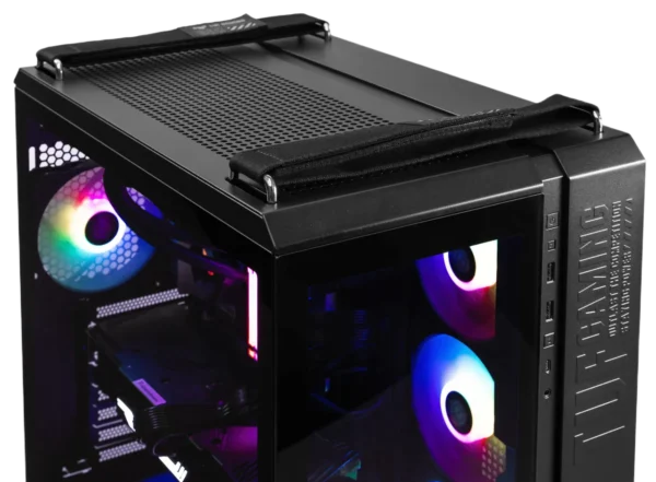 Top panel of ASUS TUF GT502 case with dual carry handles and perforated ventilation