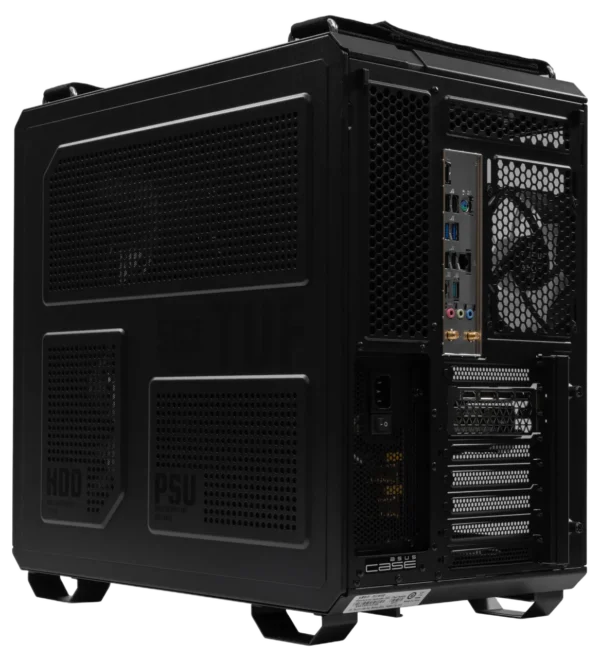 Rear and side view of ASUS TUF GT502 case with motherboard I/O and ventilation layout