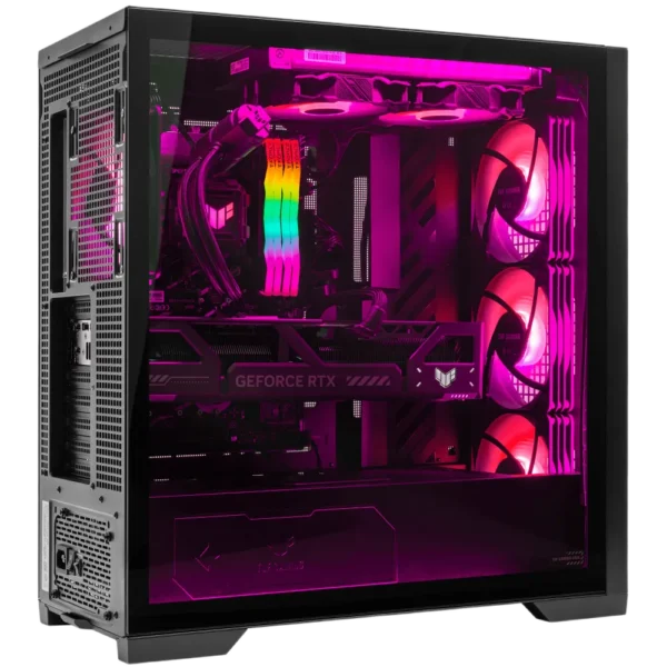 Interior view of a black ASUS TUF Gaming GT302 ARGB mid-tower gaming PC with vibrant pink and rainbow RGB lighting.