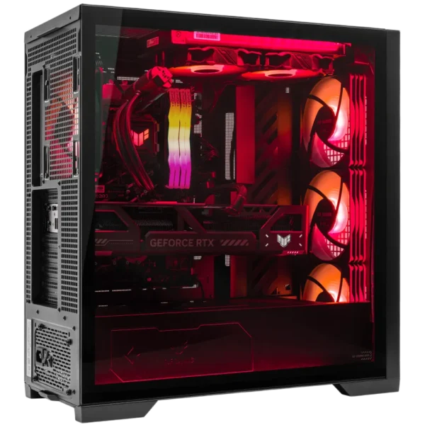 ASUS TUF Gaming GT302 ARGB mid-tower case with a red RGB themed build, showcasing a GeForce RTX graphics card and front ARGB fans through the tempered glass panel.