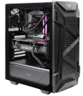 ASUS TUF Gaming GT301 mid-tower case with water cooling, GeForce RTX graphics card, and purple RGB RAM lighting, viewed from the side with tempered glass panel.