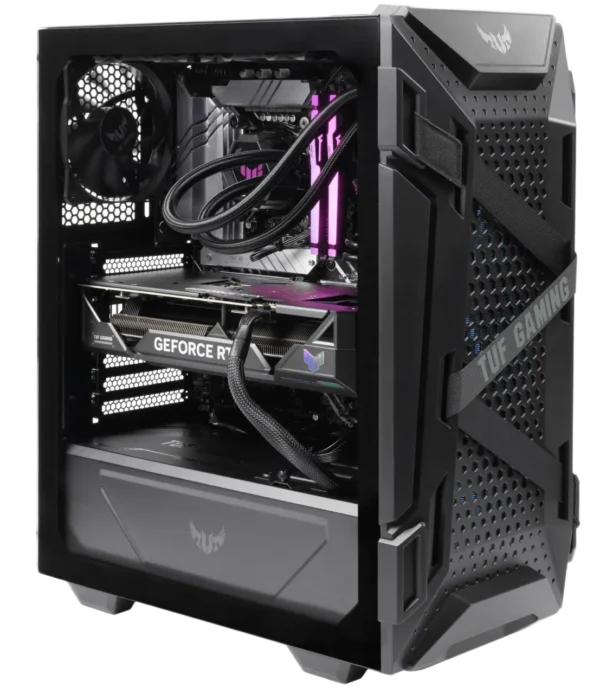 ASUS TUF Gaming GT301 mid-tower case with water cooling, GeForce RTX graphics card, and purple RGB RAM lighting, viewed from the side with tempered glass panel.