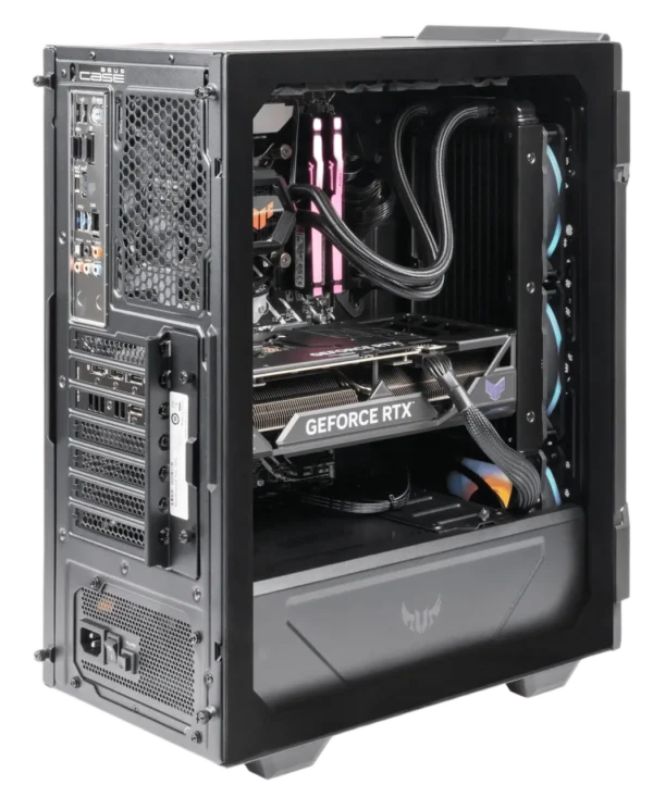Rear-side interior view of ASUS TUF Gaming GT301 showing water cooling, GeForce RTX graphics card, pink RGB RAM, and rear I/O panel.