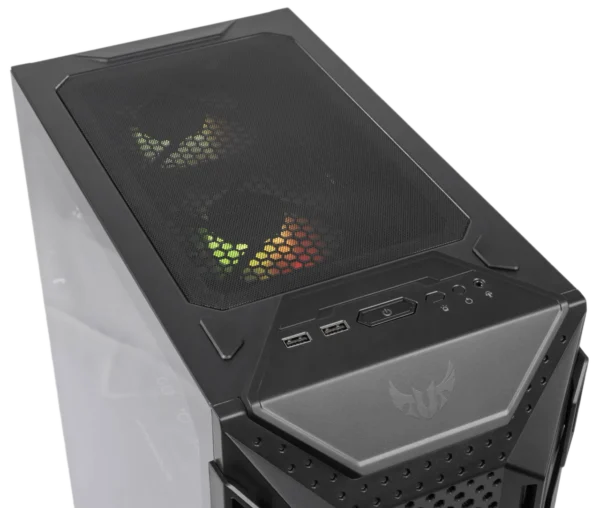 Top-front angle view of ASUS TUF Gaming GT301 case showing top mesh panel, USB ports, power button, and TUF Gaming logo.