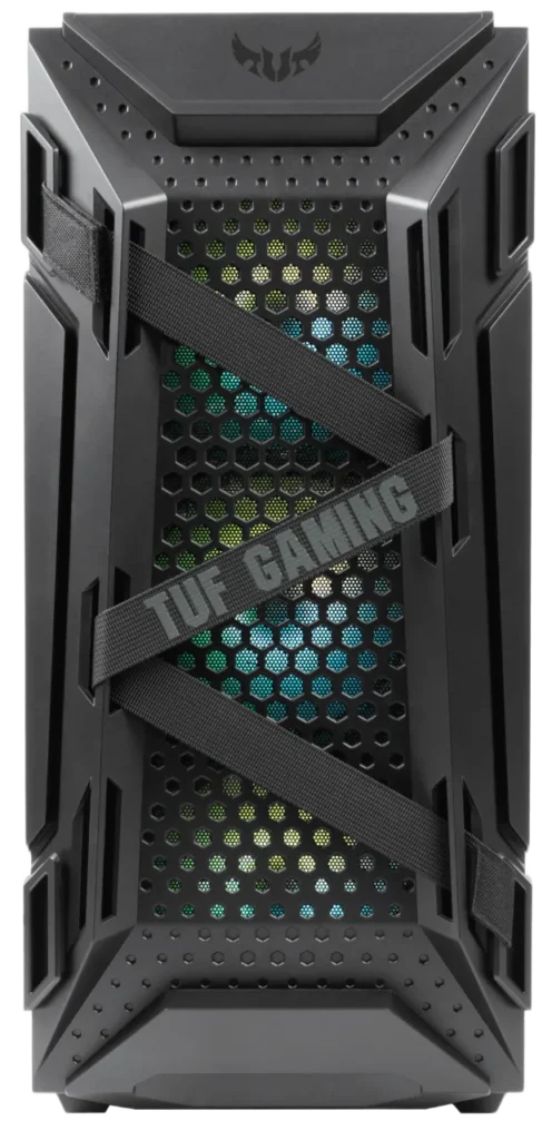 Front panel close-up of ASUS TUF Gaming GT301 featuring honeycomb design, TUF Gaming straps, and RGB fans.