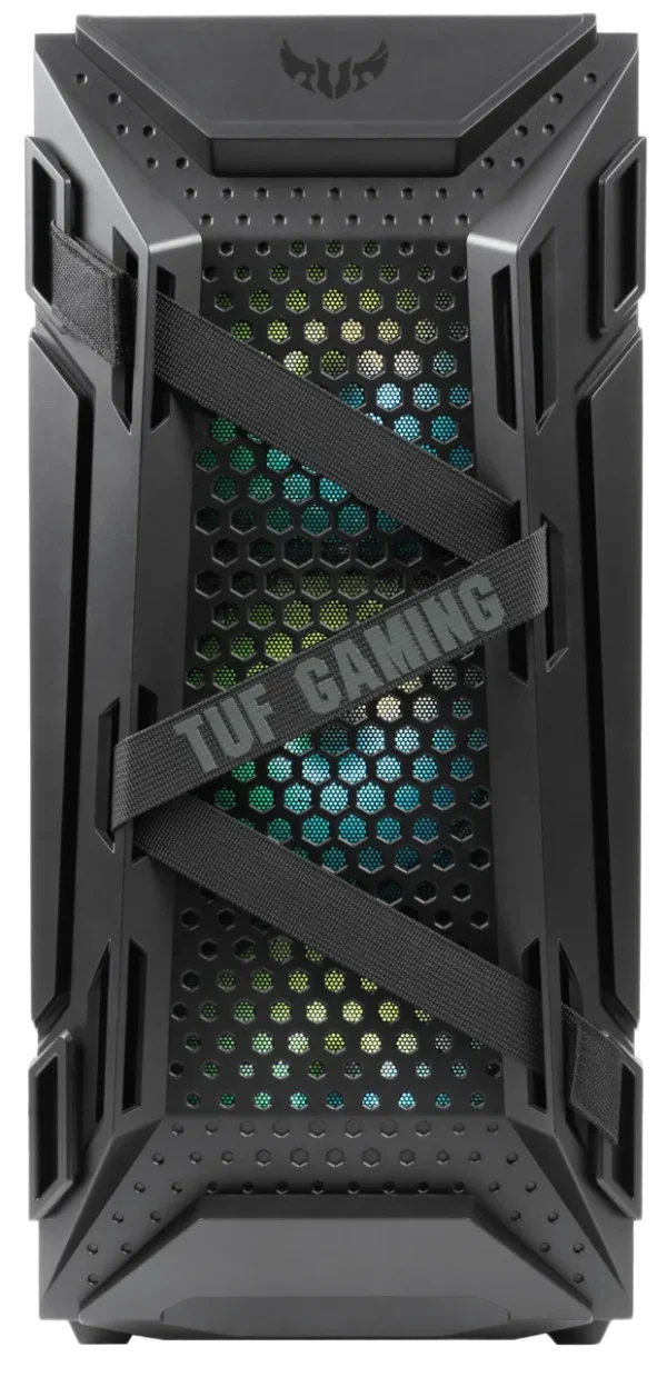 Front panel close-up of ASUS TUF Gaming GT301 featuring honeycomb design, TUF Gaming straps, and RGB fans.