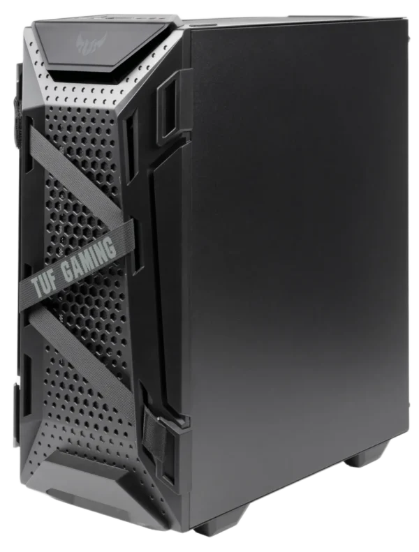 Angled side view of the ASUS TUF Gaming GT301 case highlighting its solid side panel and front honeycomb design with TUF Gaming straps.