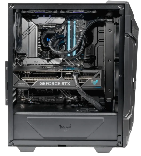 ASUS TUF Gaming GT301 interior showcasing a liquid cooler, GeForce RTX graphics card, and blue RGB RAM, viewed directly from the side.