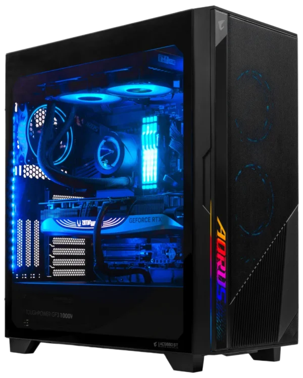 AORUS C500 gaming PC case with RGB lighting and side panel view showcasing internal components