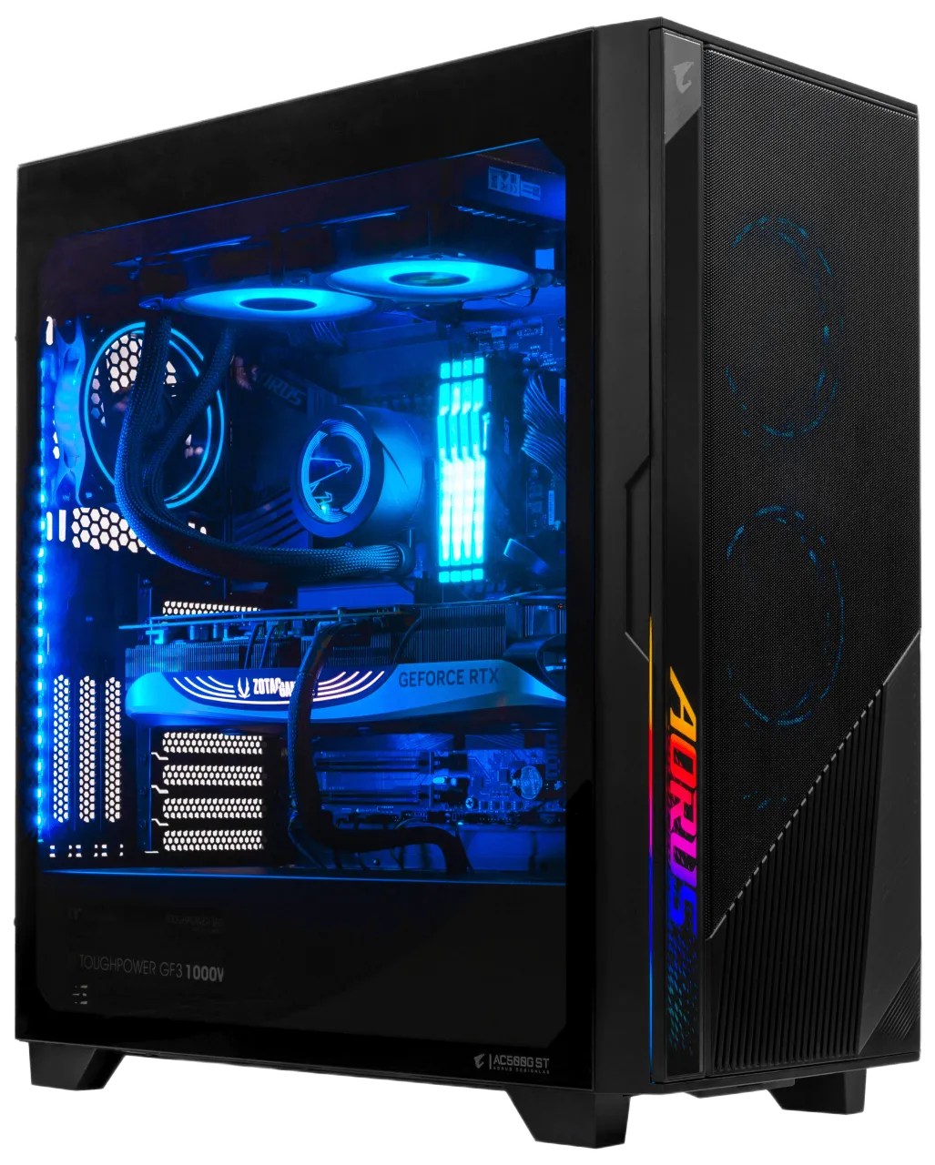 AORUS C500 gaming PC case with RGB lighting and side panel view showcasing internal components