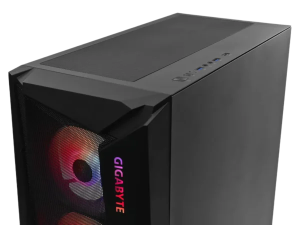 Top I/O panel of GIGABYTE C301 gaming PC case with USB ports and mesh ventilation.