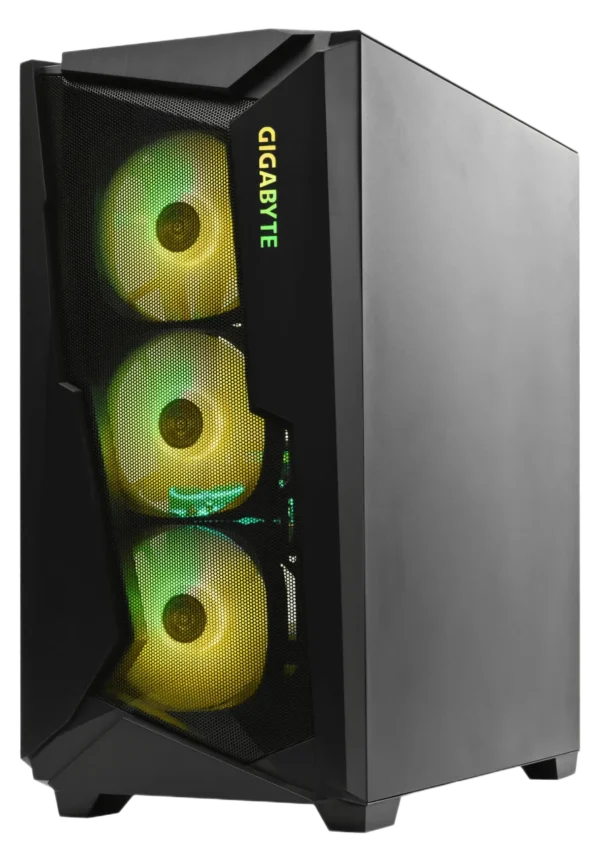 Side angle of GIGABYTE C301 gaming case with RGB fans and matte black exterior.