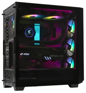 Interior view of high-performance GIGABYTE C301 gaming PC with liquid cooling and GeForce RTX GPU.