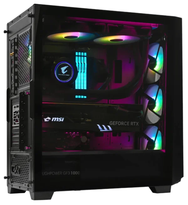 Interior view of high-performance GIGABYTE C301 gaming PC with liquid cooling and GeForce RTX GPU.