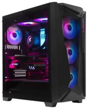 Gigabyte C301 gaming PC with RGB fans and MSI GeForce RTX graphics card.