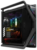 Angled side view of ASUS ROG Hyperion GR701 gaming PC with RGB and internal components visible.