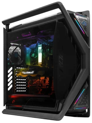Angled side view of ASUS ROG Hyperion GR701 gaming PC with RGB and internal components visible.