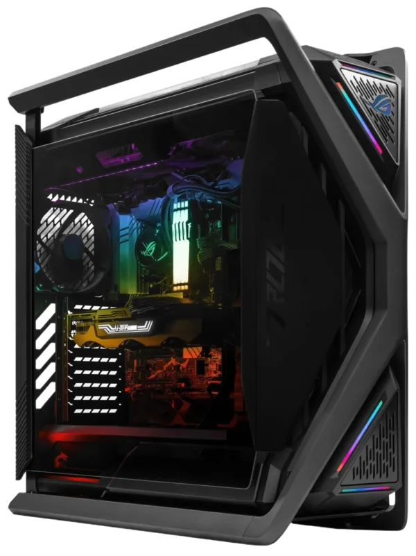 Angled side view of ASUS ROG Hyperion GR701 gaming PC with RGB and internal components visible.