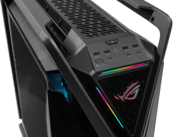Close-up of ASUS ROG Hyperion GR701 front I/O panel and illuminated ROG logo.
