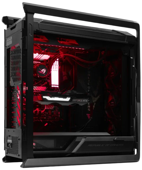 ASUS ROG Hyperion GR701 PC interior with red RGB, ROG AIO, and GeForce RTX GPU