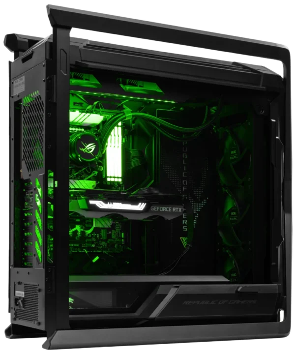 ASUS ROG Hyperion GR701 PC interior with green RGB, ROG AIO, and GeForce RTX GPU.
