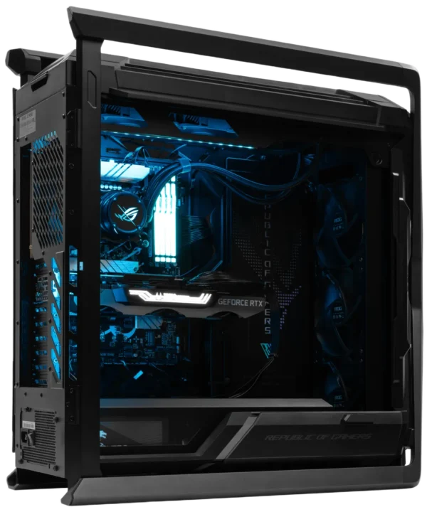ASUS ROG Hyperion GR701 PC interior with blue RGB, ROG AIO, and GeForce RTX GPU.