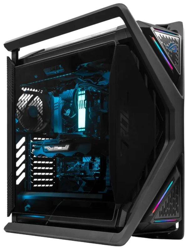 Angled side view of ASUS ROG Hyperion GR701 gaming PC with blue RGB lighting and internal components visible.