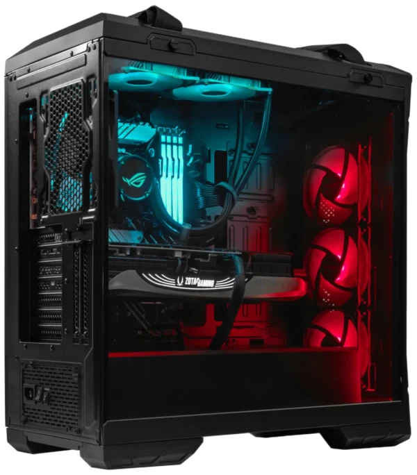 ASUS TUF GT501 gaming PC build with blue and red RGB lighting and tempered glass panel