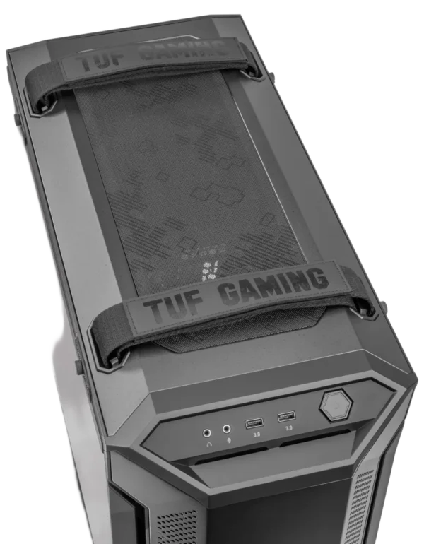 Top panel of ASUS TUF GT501 case with carry handles and mesh ventilation