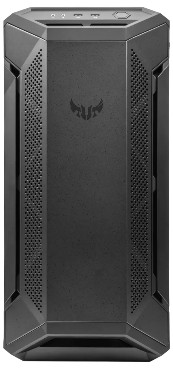 Front panel of ASUS TUF GT501 case with minimalist TUF logo and side airflow vents