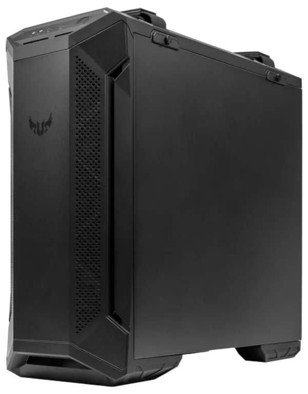 Side and front view of ASUS TUF GT501 case with solid panel and carry handles