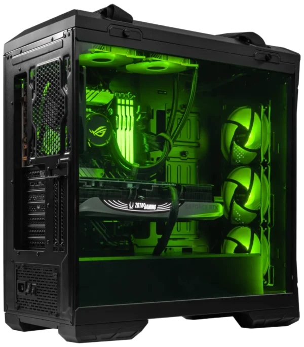 ASUS TUF GT501 gaming PC with green RGB lighting and liquid cooling system