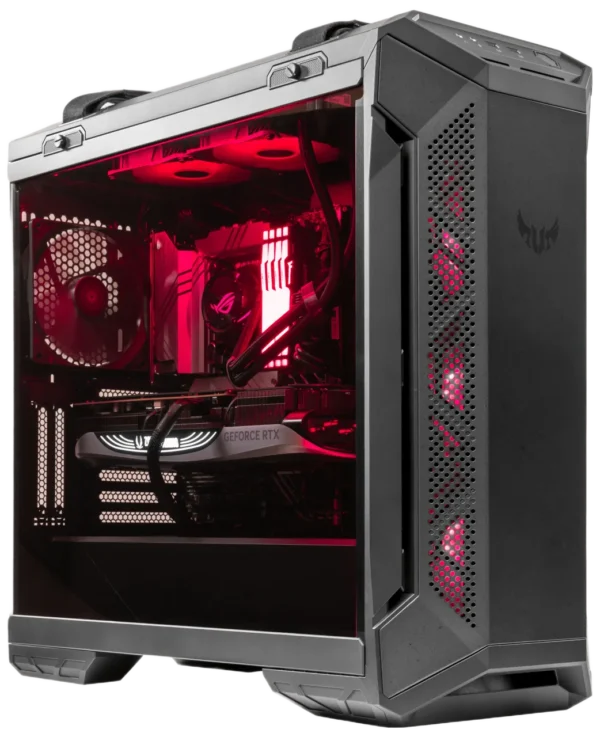 ASUS TUF GT501 PC case with tempered glass panel and red RGB interior lighting