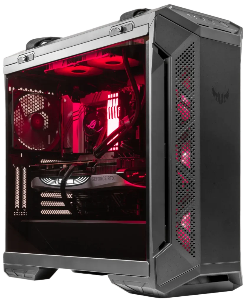 ASUS TUF GT501 PC case with tempered glass panel and red RGB interior lighting