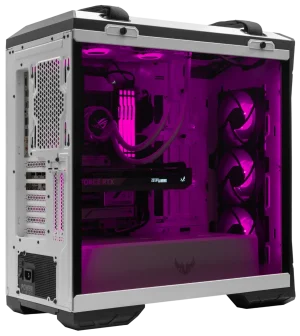 Rear interior of TUF GT501 White PC case with pink RGB lighting