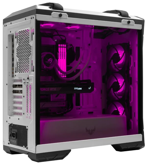 Rear interior of TUF GT501 White PC case with pink RGB lighting